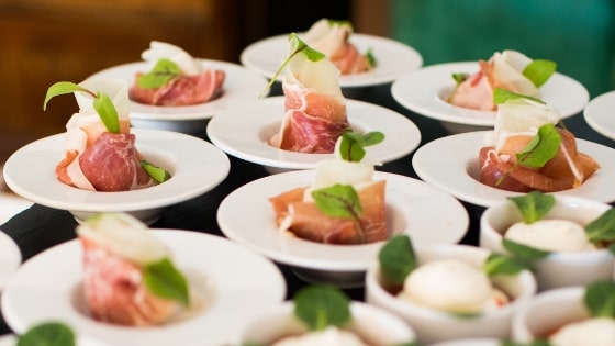 prepared food on serving tray.